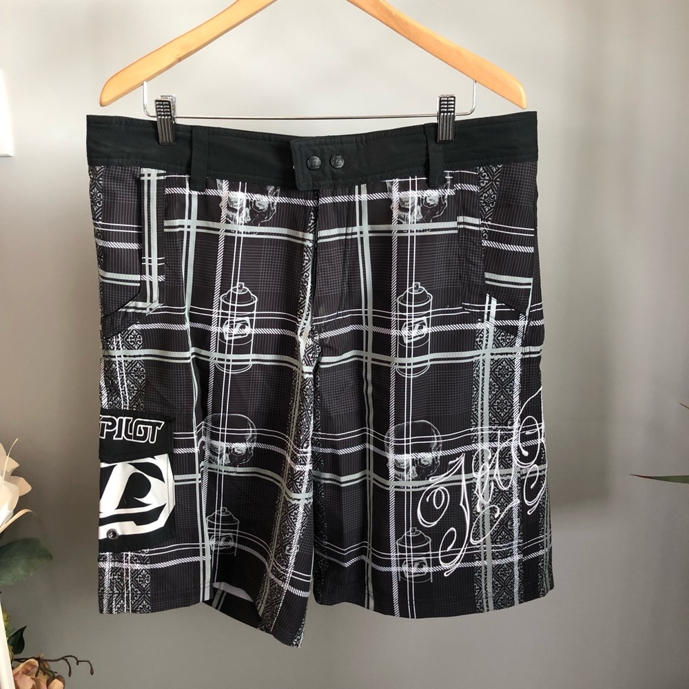Men's Athletic Board Shorts - Black Plaid